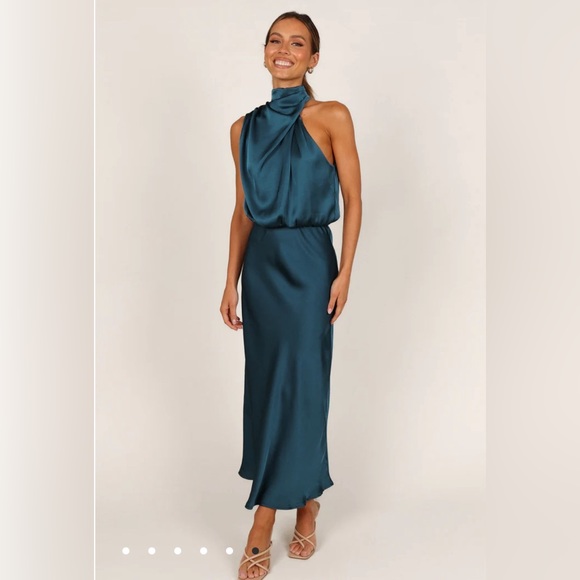 Petal & Pup- NWT SZ L TEAL ANABELLE HALTER NECK MIDI DRESS - Picture 1 of 6